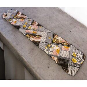 Vintage 60s Floral Scarf Geometric Scarf Black White Brown Retro Patchwork